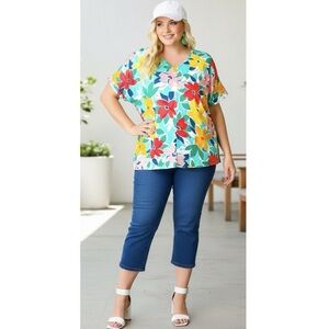 HAPTICS Teal Coral Floral V Neck Top Super Soft Blouse Short Sleeve New 2XL